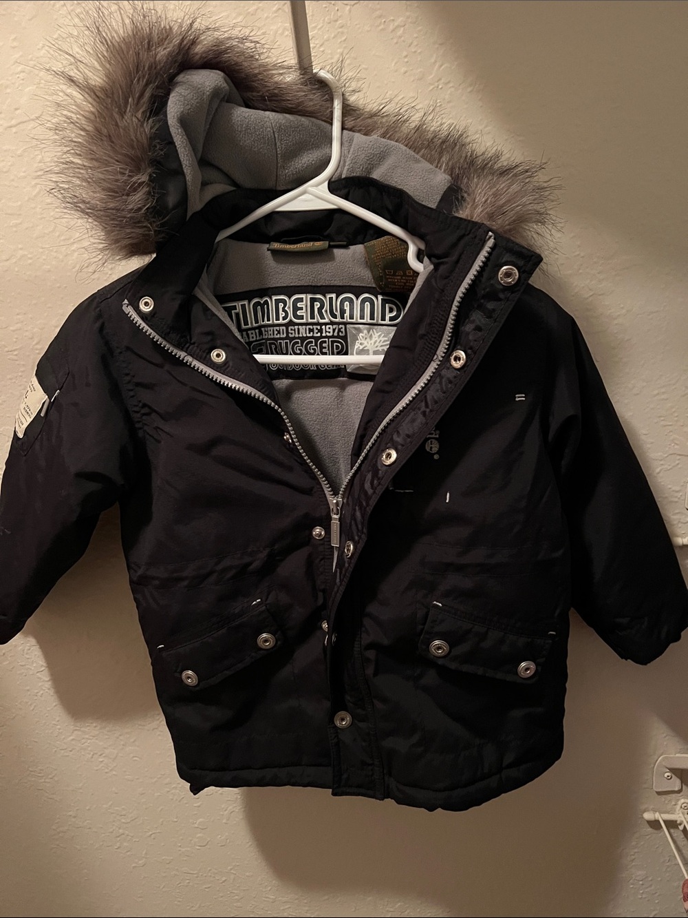Timberland Toddler’s Black Hooded Puffer Jacket with Faux-Fur Trim